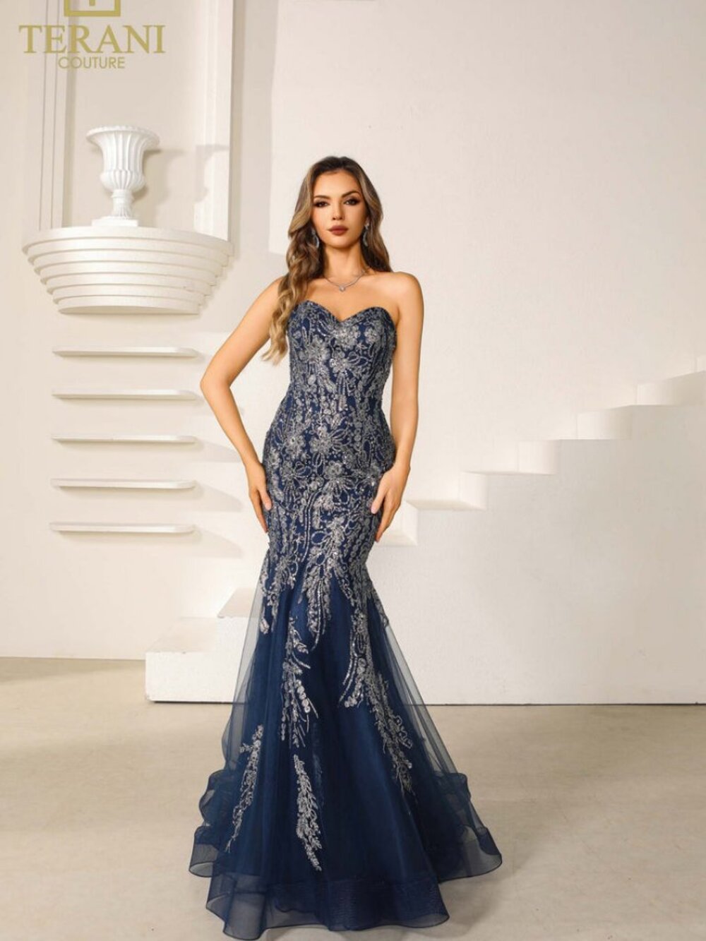 Terani Couture 251P4641 Navy Beaded Strapless Trumpet Prom Gown